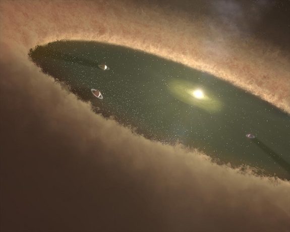 Artist's illustration of planets forming in a circumstellar disk like the one surrounding the star LkCa 15. Credit: NASA/JPL-Caltech