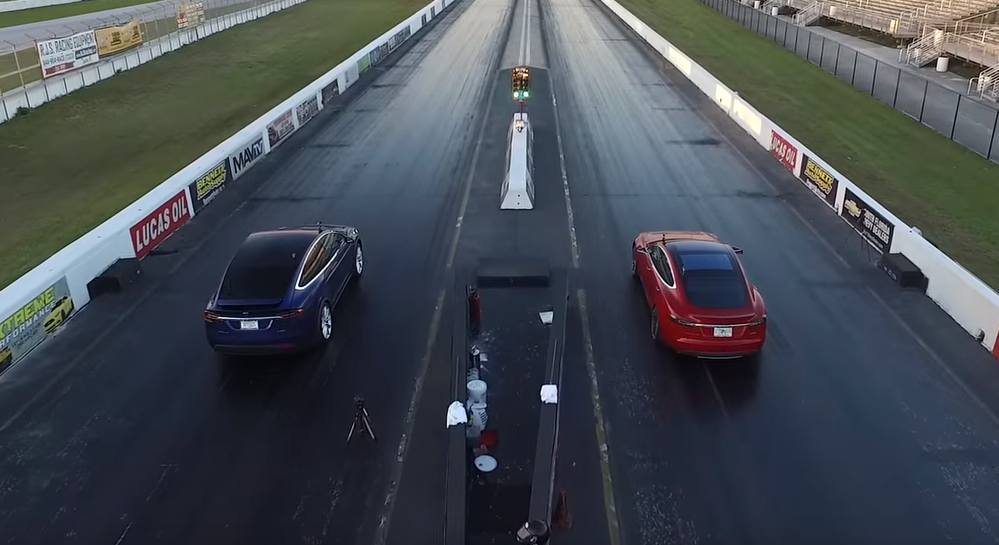 Husband and Wife Drag Race Tesla Model X Ludicrous vs Model S P90D Ludicrous