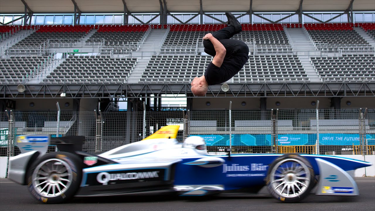 Watch Damien Walters Blindly Backflip Over a Moving Formula E Race Car
