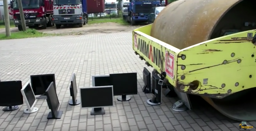 Here are 17 LCD Monitors Standing in the Way of a Road Roller