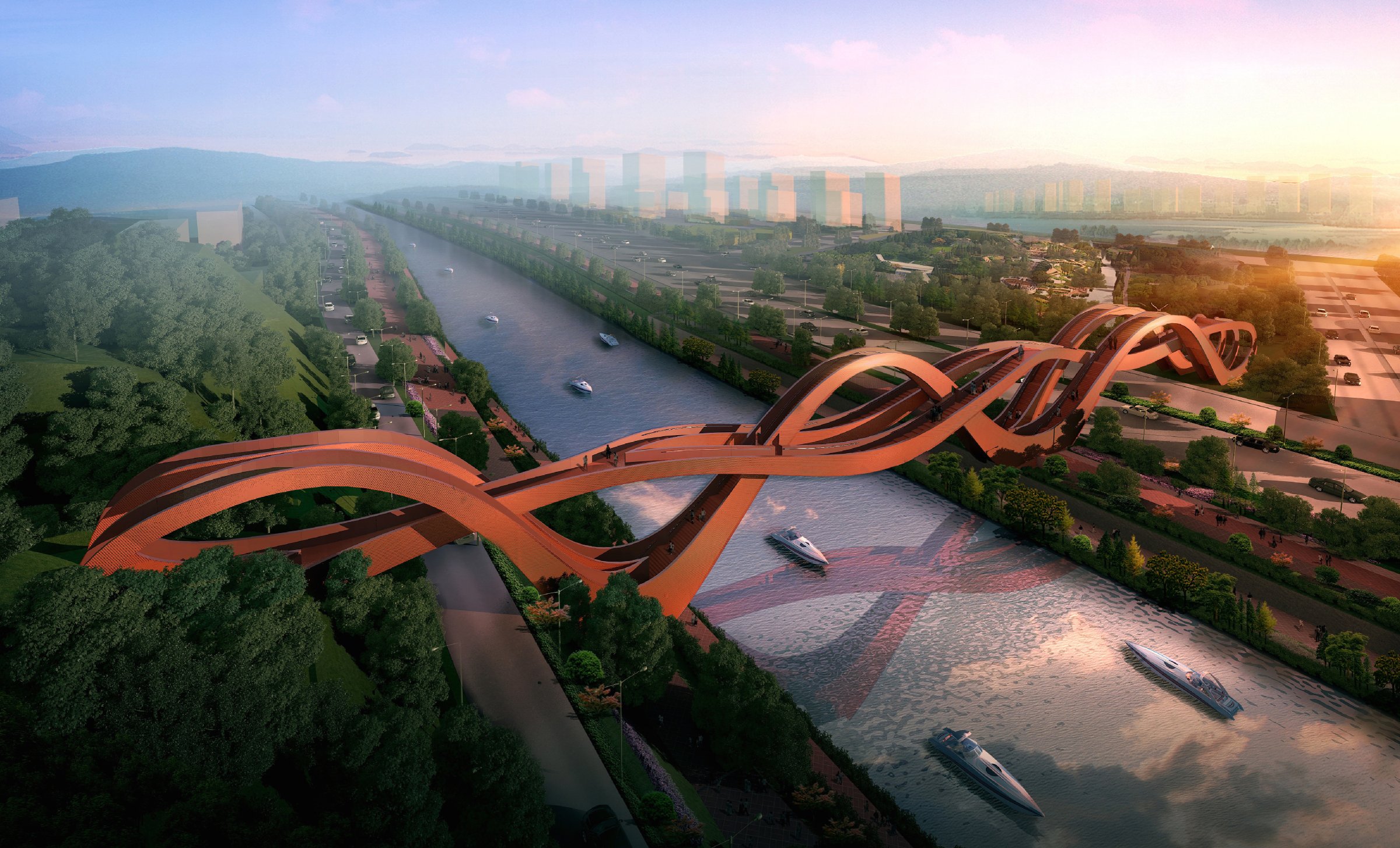 China’s Lucky Knot Bridge Stretches Over a Highway and the Dragon King Harbor River